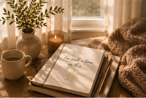 A journal reading For such a time as this, styled with a candle, flowers, and a soft blanket in warm window light